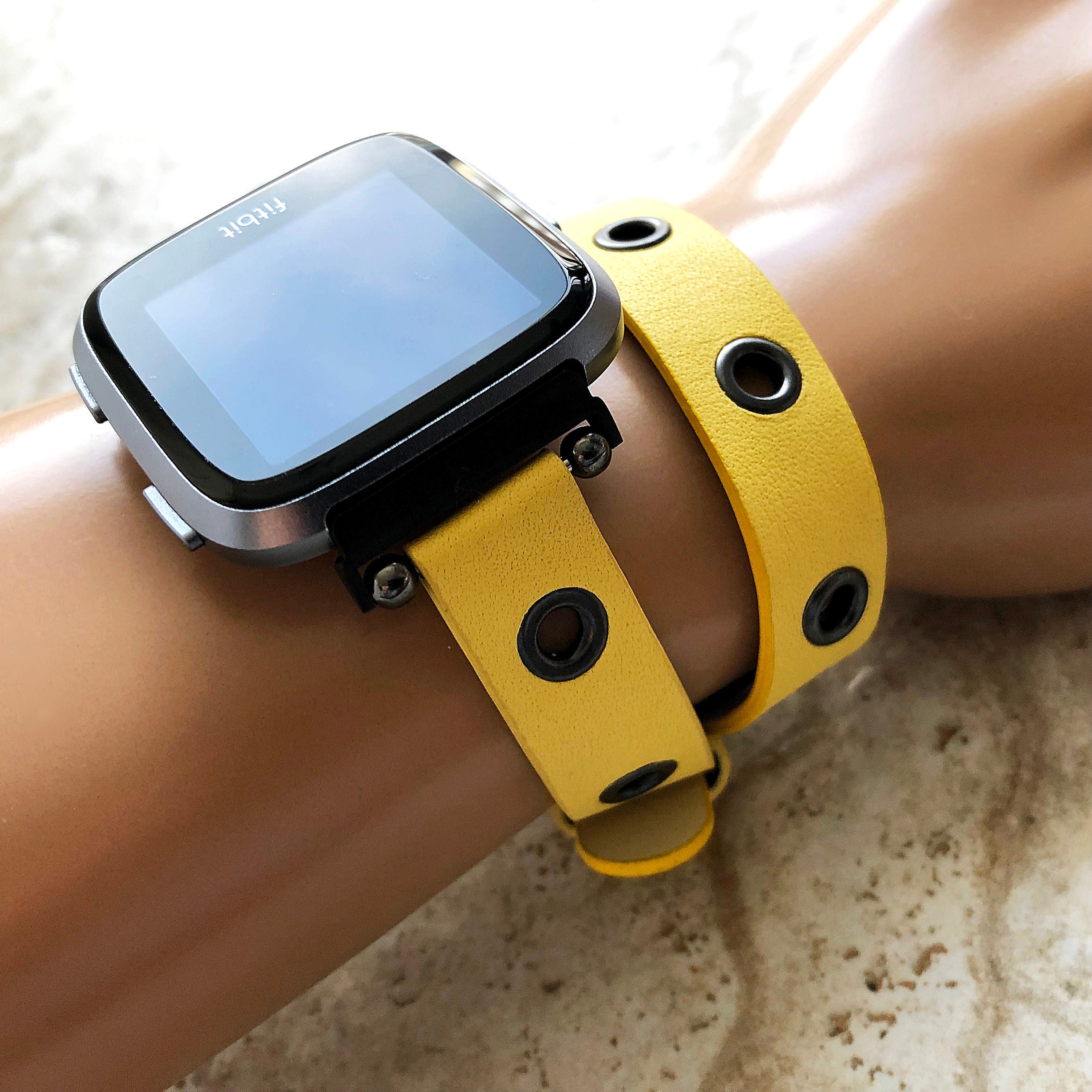 Fitbit Grommets Band for Versa 2 3 4 Sense 2 Yellow Eco Leather Watch Strap Double Wrap Around Wrist Bracelet Silver Rose Gold Black Buckle